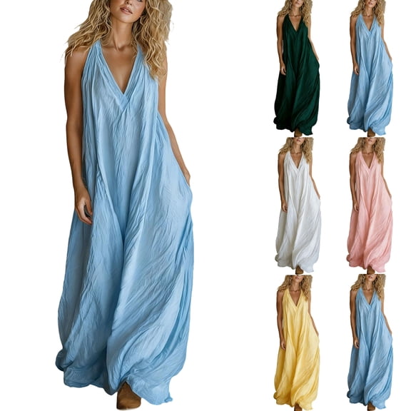 Summer Dress for Women Women's Casual Sleeveless Loose-fitting Dress With Pockets Sky Blue L