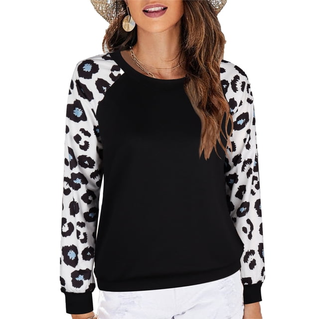 Camisa informal de otoño para mujer, cuello redondo, estampado, manga larga, diseño de costura, jersey para mujer, sudadera, Top blanco S