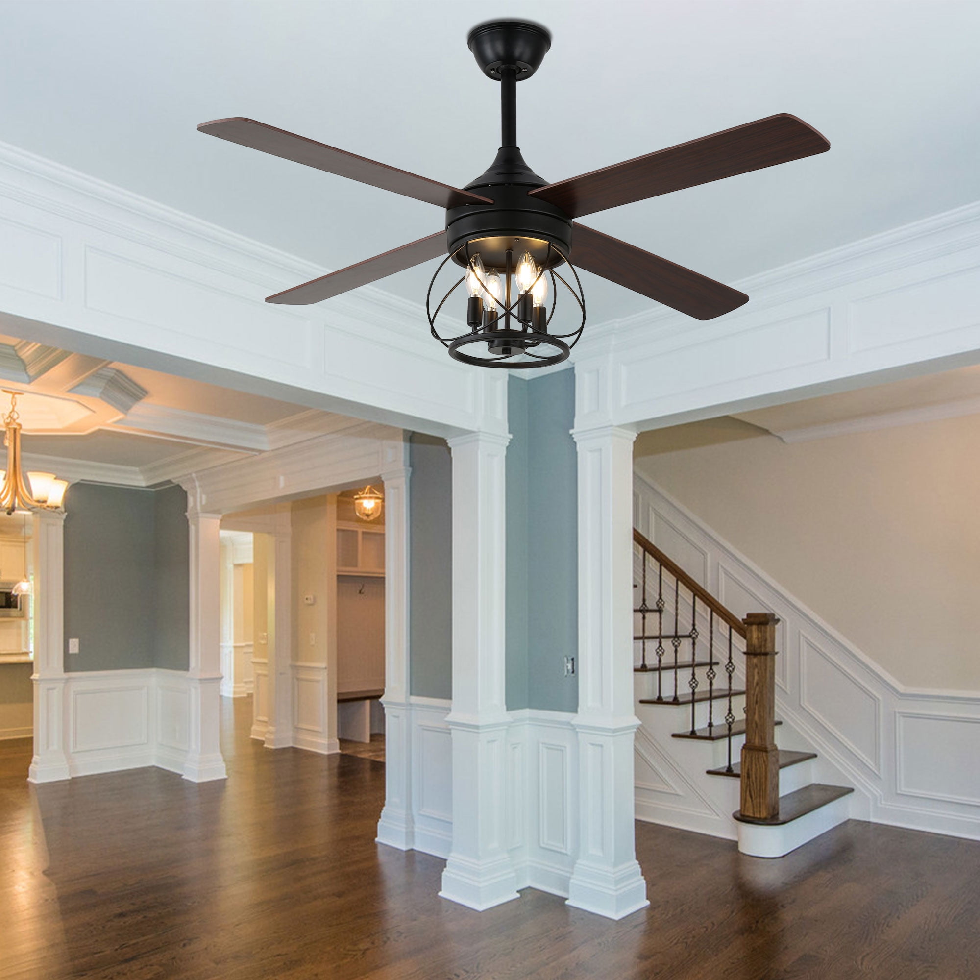 Cusp Barn 52 inch Rustic Farmhouse Caged Ceiling Fan with Remote Control, 6 Speeds Modern Black Ceiling Fan with Lights