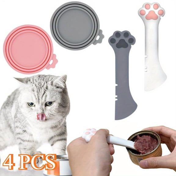 4-in-1 Pet Food Can Spoons & Lids Set: Reusable Silicone Covers & Multi-Function Opener for Cat and Dog Wet Food Cans, Universal Fit for 3oz to 13oz Cans