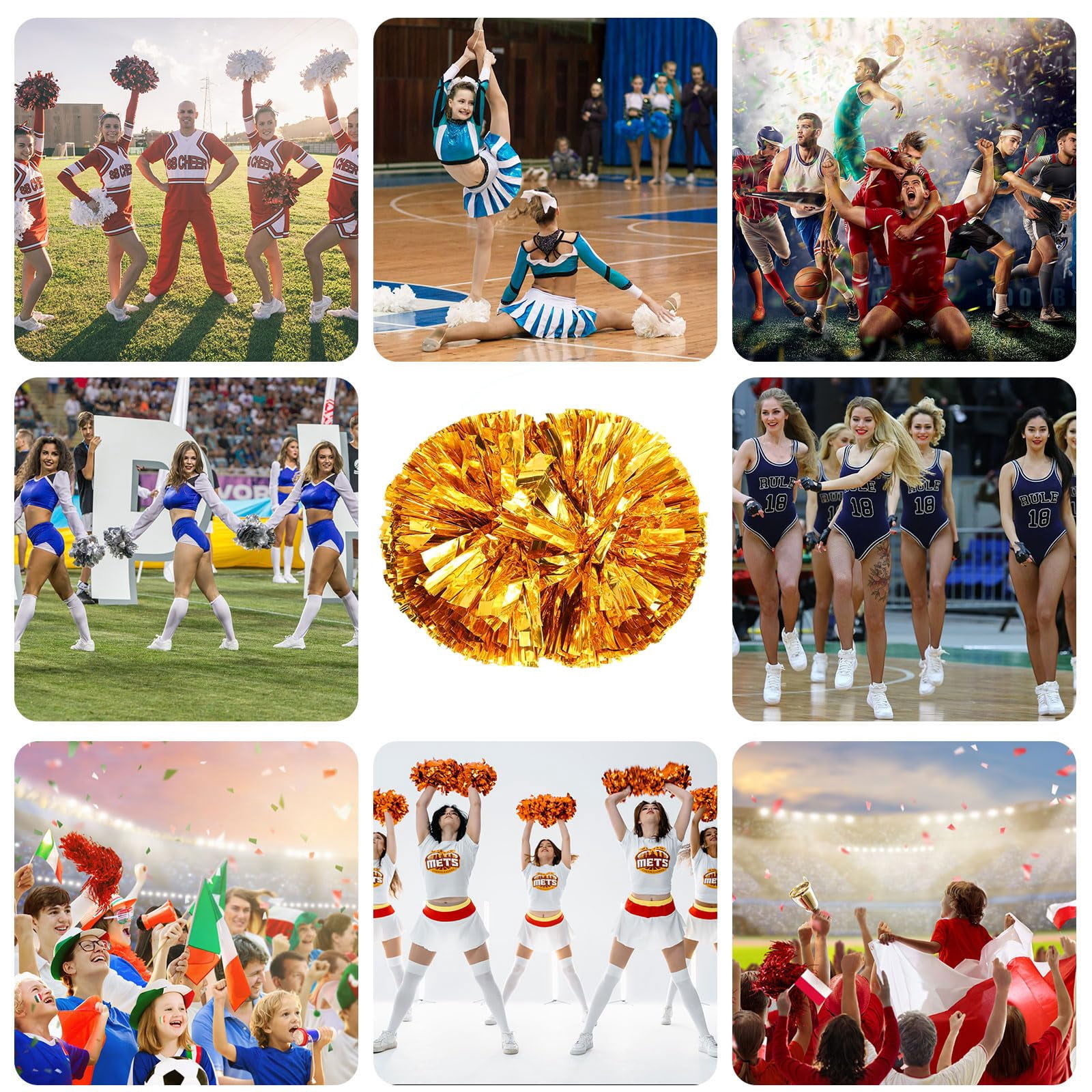 12 Pcs Cheerleading Pom Poms, Cheerleader Pompoms with Handle Style,Fit for Team Spirit Sports Dance Cheering