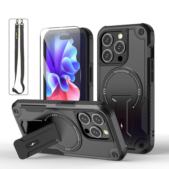 ShieldPlus for iPhone 12 Case / iPhone 12 Pro Case with Screen Protector & Lanyard, Compatible with MagSafe, Heavy Duty Rugged Case with Built-in Kickstand,Black