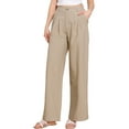 thumbnail image 1 of Pantalones de vestir de pierna ancha para mujer, pantalones de oficina de cintura alta elástica, pantalones palazzo M color caqui, 1 of 6