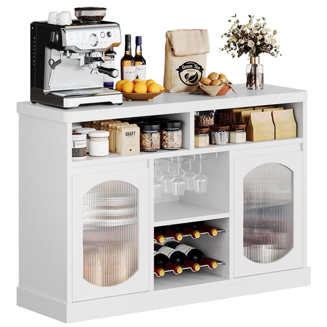 Coffee Bar Cabinet with Glass Doors and LED Lights, Wine Cabinet with Adjustable Shelves and Racks, Sideboard Buffet Storage for Kitchen Dining Room, White