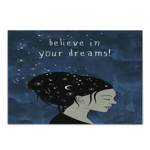 Wording Cutting Board, Portrait of Woman with Dark Hair and Moon Stars Dream Believer Words Feminine Art, Decorative Tempered Glass Cutting and Serving Board, Small Size, Blue, by Ambesonne