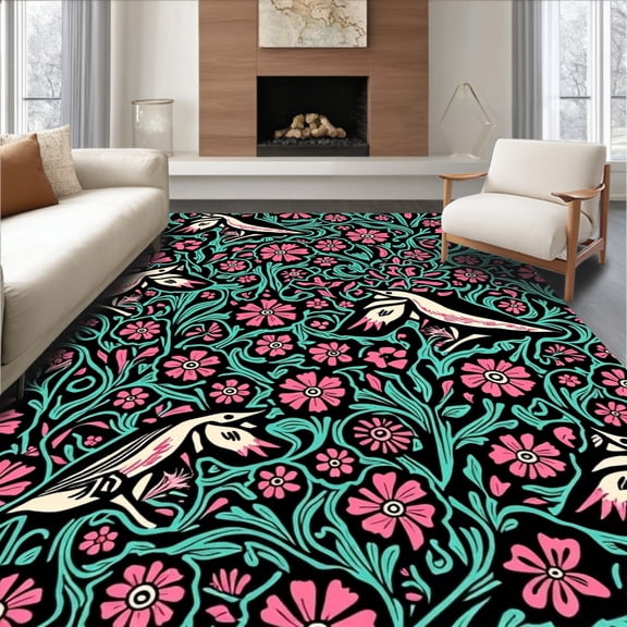 Flatwoven High Traffic Area Rug, Botanical Whimsy with Stylized Birds and Flourishing Petal Motifs, Non Slip, Stain Resistant, Washable Area Rugs for Living Room, Bedroom(Pink, 4X6)