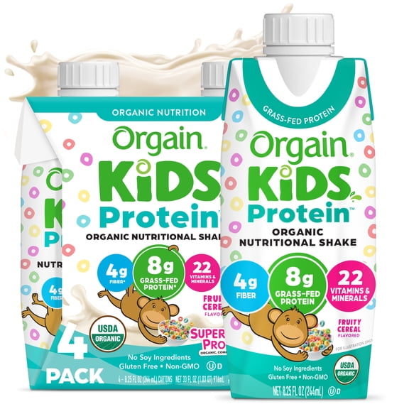 Orgain Organic Kids Nutritional Dairy Protein Shakes, Fruity Cereal, 8.25 Fl Oz, Pack of 4