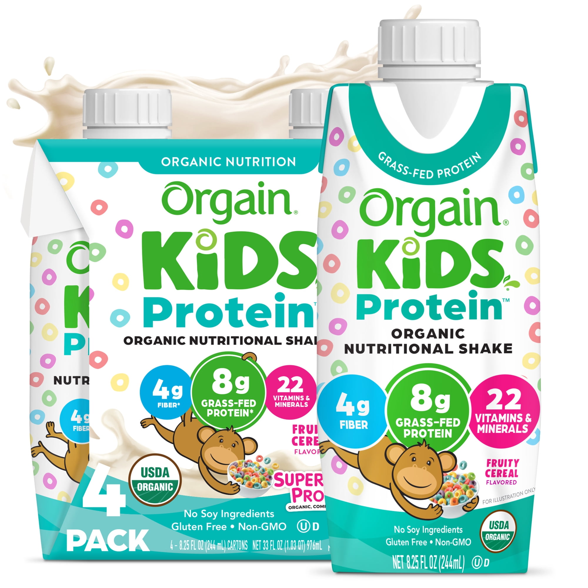 Orgain Organic Kids Nutritional Dairy Protein Shakes, Fruity Cereal, 8.25 Fl Oz, Pack of 4