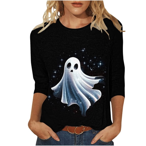 Sheghy Womens Halloween Cotton Print Round Neck Short Sleeve Loose T-Shirt Black 3X