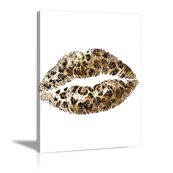 Mudket Gold Glitter Leopard Print Lip Kiss Canvas Wall Art, Fashion Glam Makeup Wall Decor Pictures Waterproof Print for Girls Bedroom Bathroom Home Decor , Framed Ready to Hang - 12"L x 8"W
