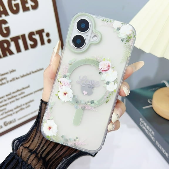Clear Magnetic Case for iPhone 16 Plus, Support Wireless Charging MagSafe, for iPhone 16 Plus Frosted Flower Pattern Cover, Hybrid Rugged PC TPU Shockproof Case, Pattern-D