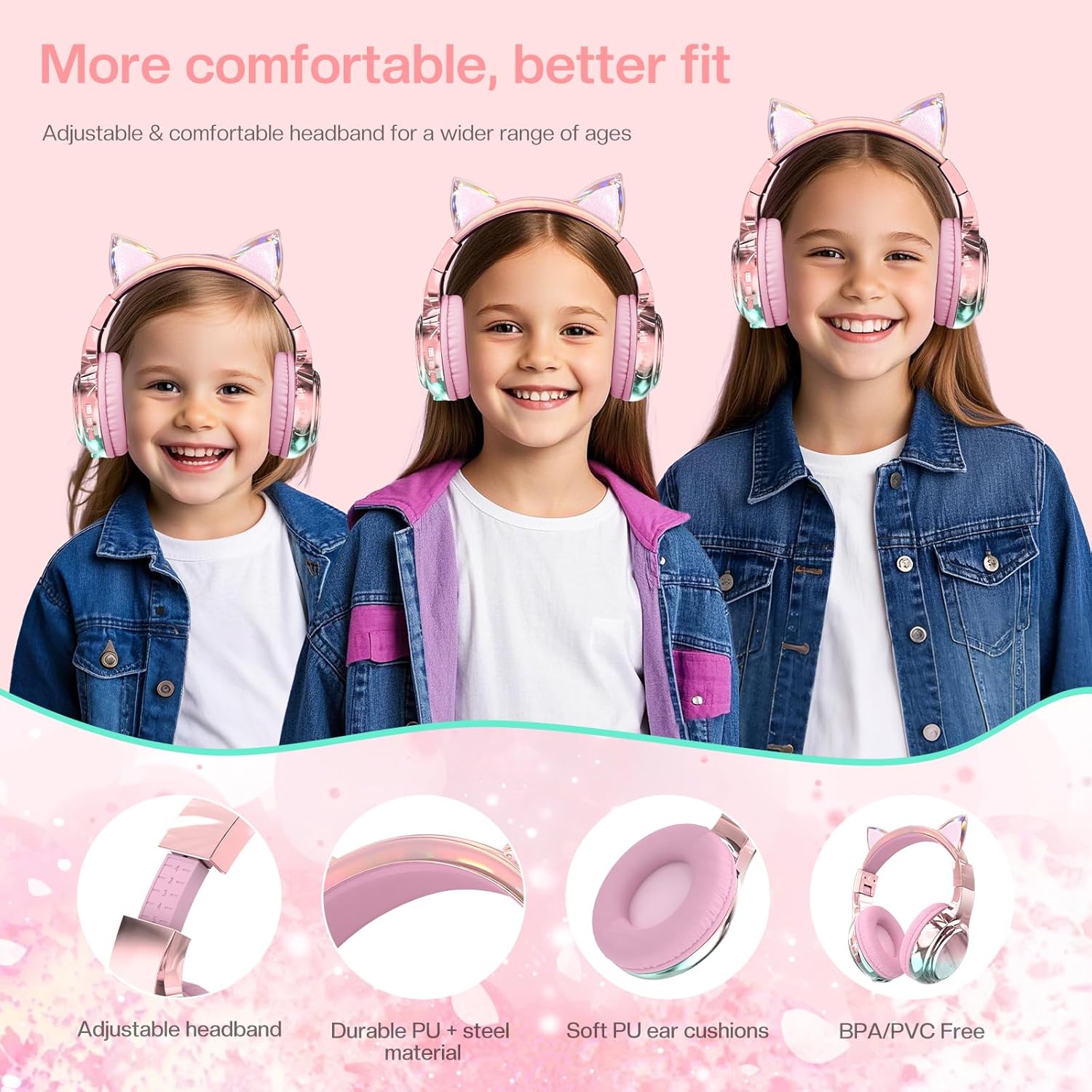 QearFun Cat Ear Kids Headphones, 60H Playtime, Pink photo 7