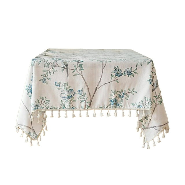 Ohufall Nappe Rectangulaire à Imprimé Floral en Imitation Lin avec Franges pour Table à Manger et Table Basse