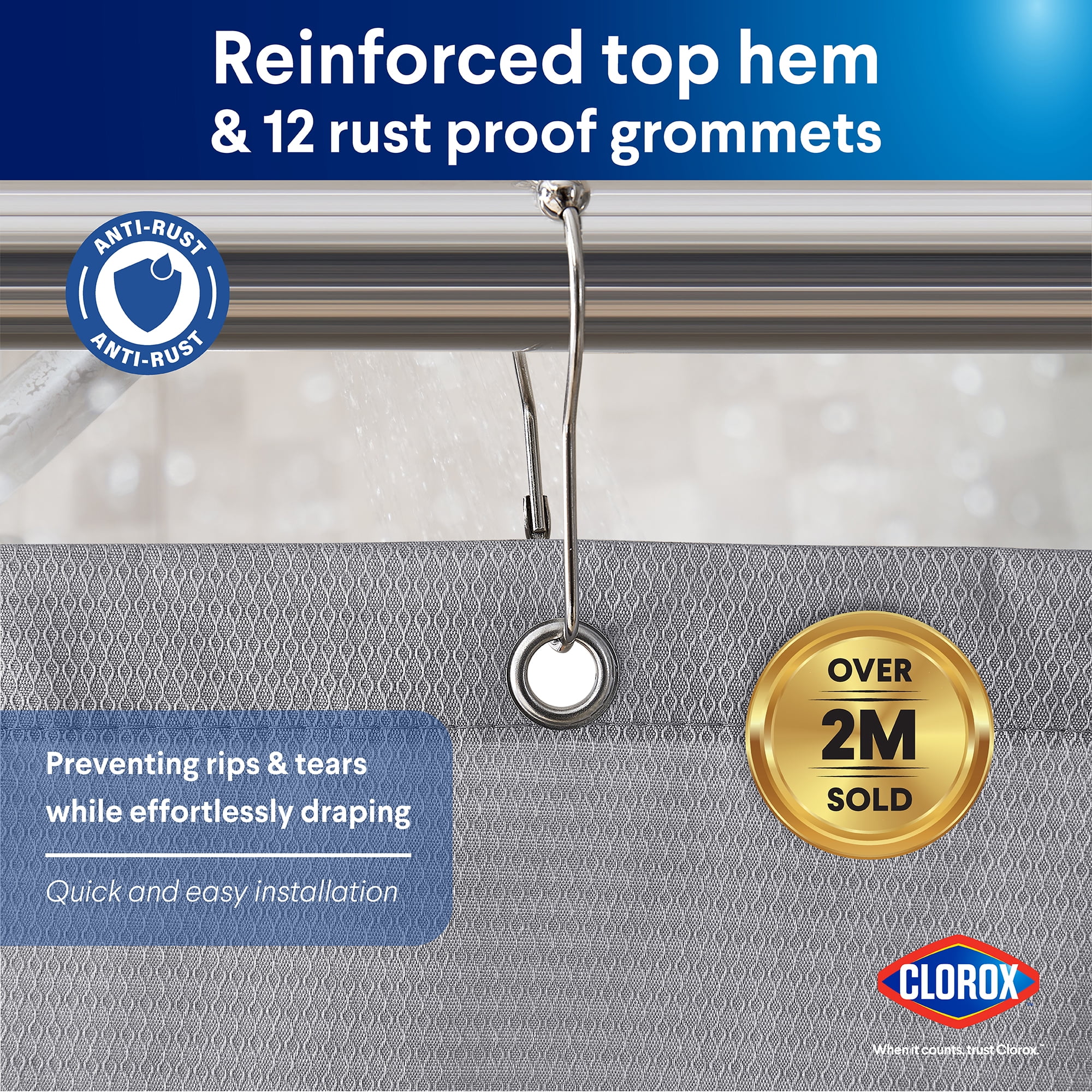 Clorox Waterproof Fabric Shower Curtain, Durable Fabric, Weighted Magnets - Gray, 72" x 72"