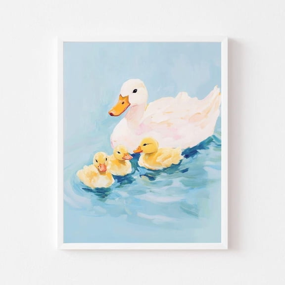 Kna Prints - Mama Duck And Ducklings Swimming Painting Colorful Birds Wall Art Print Pastel Nursery Watercolor Animal Wall Art Decor For Home Office,-8x12 Poster Only