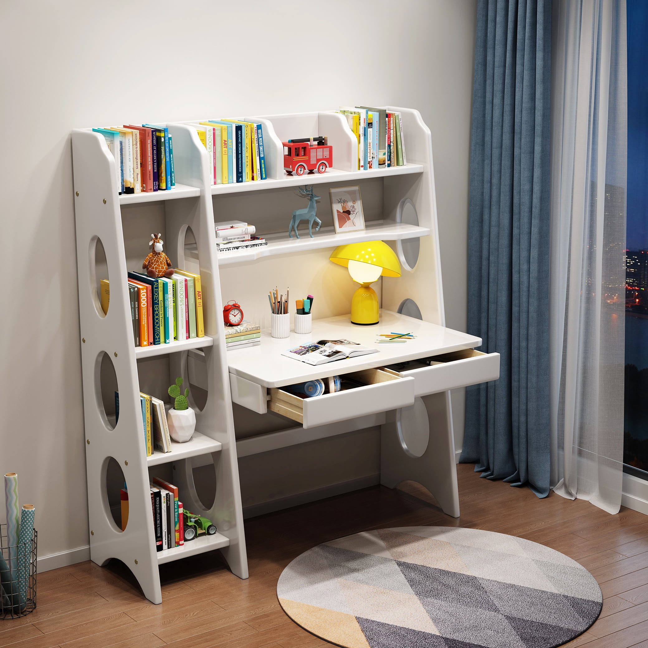 Kids Desk Kids Table with Drawers and Bookshelf Wooden Kids Media Desk