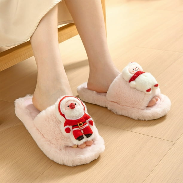 Pantuflas peludas de Papá Noel para mujer | Cómodas pantuflas con forro para casa y dormitorio | Cómodas pantuflas de interior con punta abierta y suela antideslizante