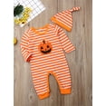 thumbnail image 4 of Bagilaanoe Newborn Baby Boys Halloween Jumpsuit Pumpkin Striped Long Sleeve Bodysuit + Beanie 3M 6M 9M 12M 18M Infant Fall One Piece Romper, 4 of 9