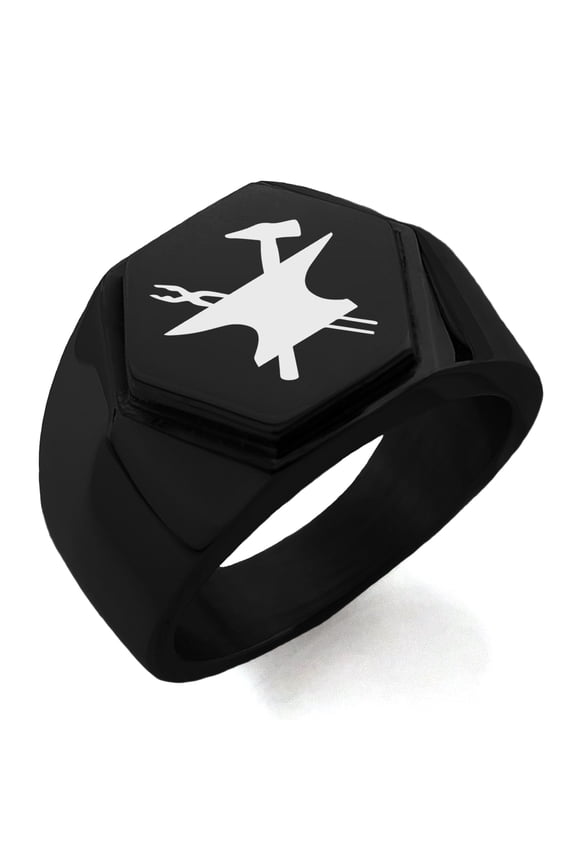 Stainless Steel Hephaestus Greek God of Blacksmith & Fire Engraved Hexagon Crest Flat Top Biker Style Polished Ring