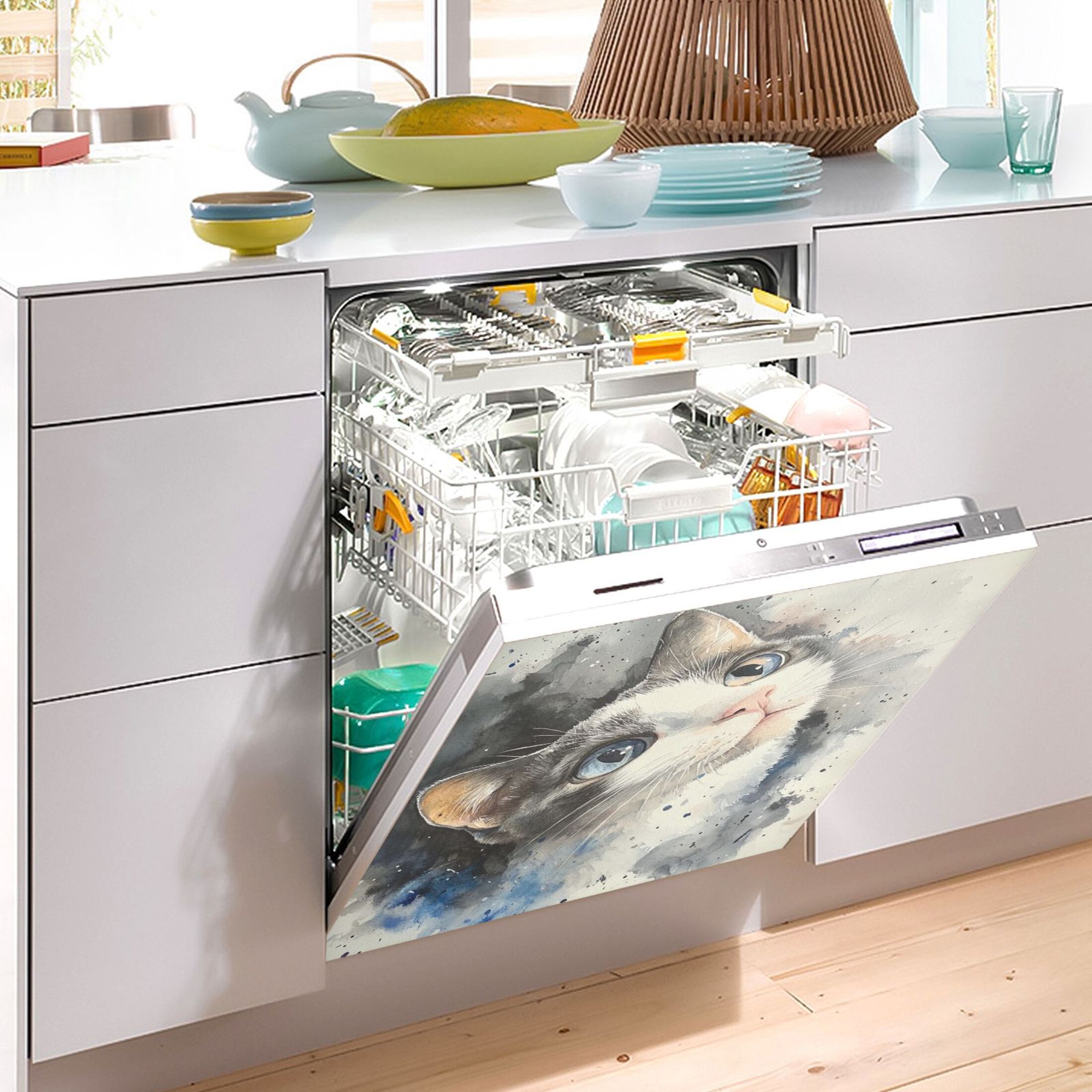 Dishwasher Magnetic Sticker 23x26 Inch Refrigerator Magnetic Sticker Washing Machine Magnetic Sticker Kitchen Panel Magnetic Sticker Home Decor Cute Watercolor Cat