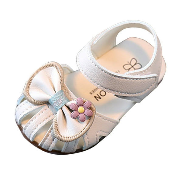 Quealent Girls Leather Soft Closed Toe Princess Flat Shoes Summer Sandals(Toddler/Little Kid) White for Size 9.5