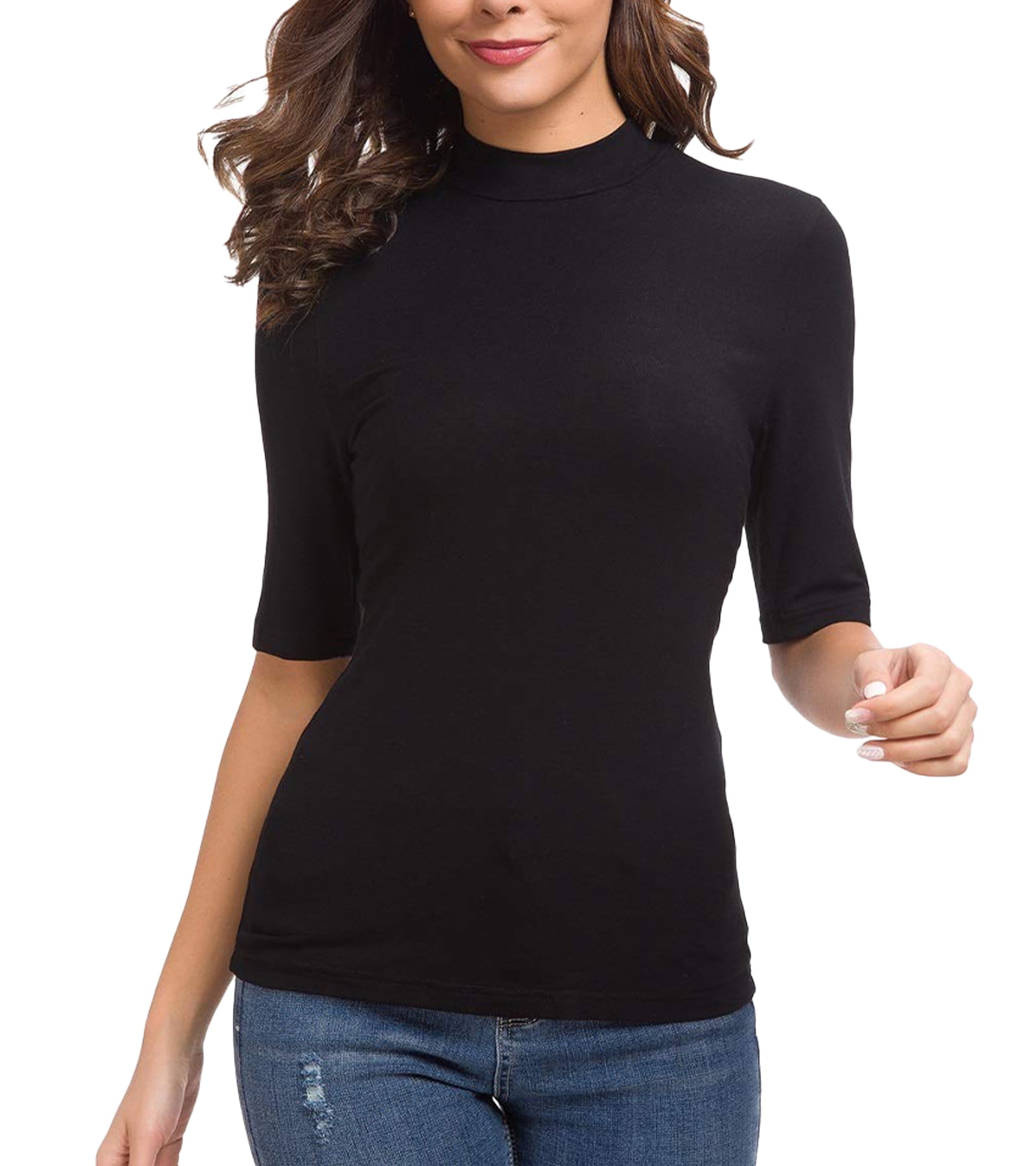 Womens Turtleneck Short Sleeve Slim Fit Mock Soft T-Shirt Tank Tops Basic Stretchy Pullover S-5XL 