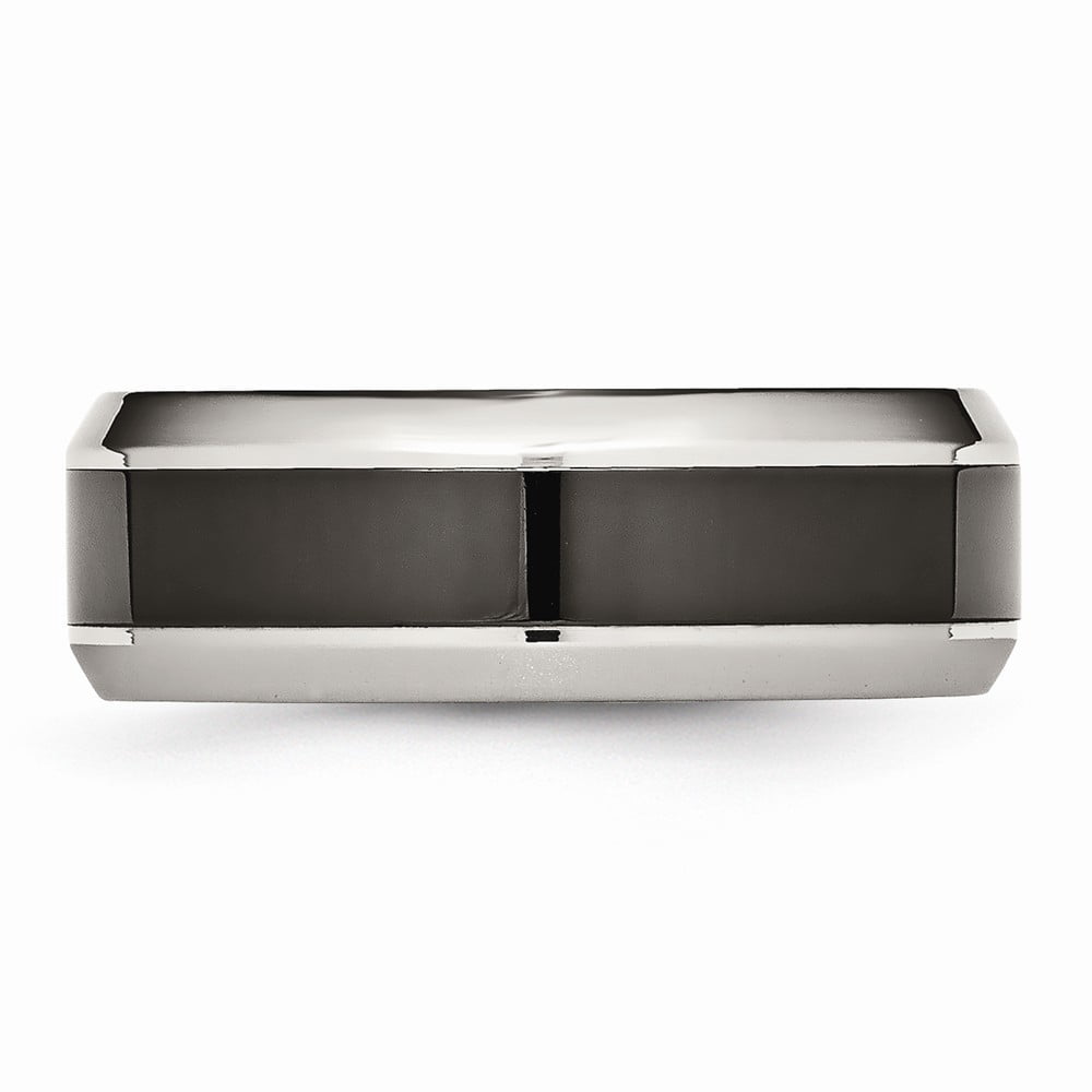 8mm Stainless Steel Base With Polished Black Ceramic Center Beveled Band Ring - Size 7.5