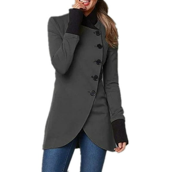 comerut Women Fall Winter Jacket Stand Collar Neck Protection Single-breasted Irregular Split Hem Soft Patchwork Long Sleeve Solid Color Thick Warm Mid Length Lady Coat