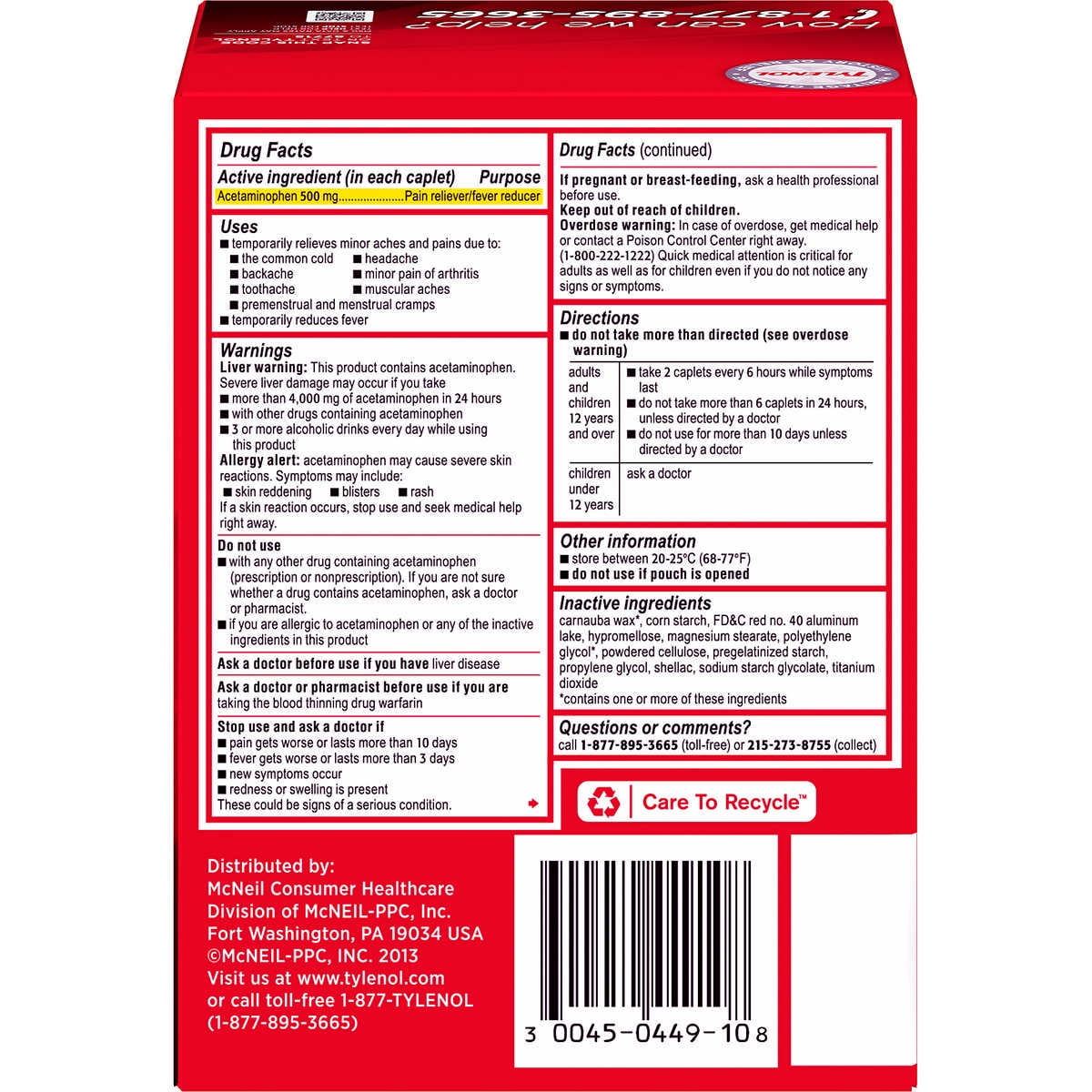 TYLENOL Extra Strength Pain Reliever & Fever Reducer Caplets, Two-Pack, 50 ea (Pack of 3)