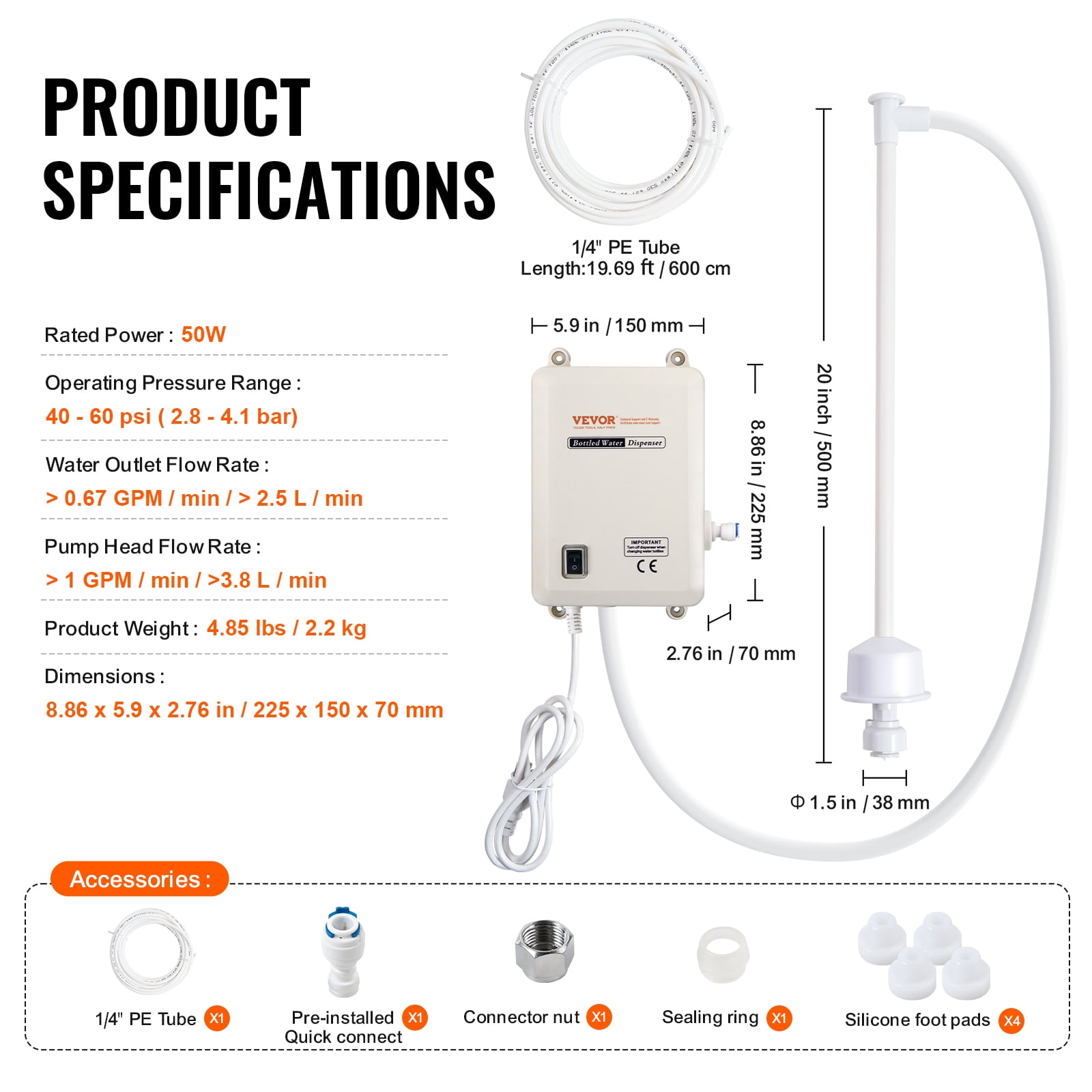 VEVOR Water Pump System for 5 Gallon Bottles, Automatic Electric Dispenser, Single Inlet