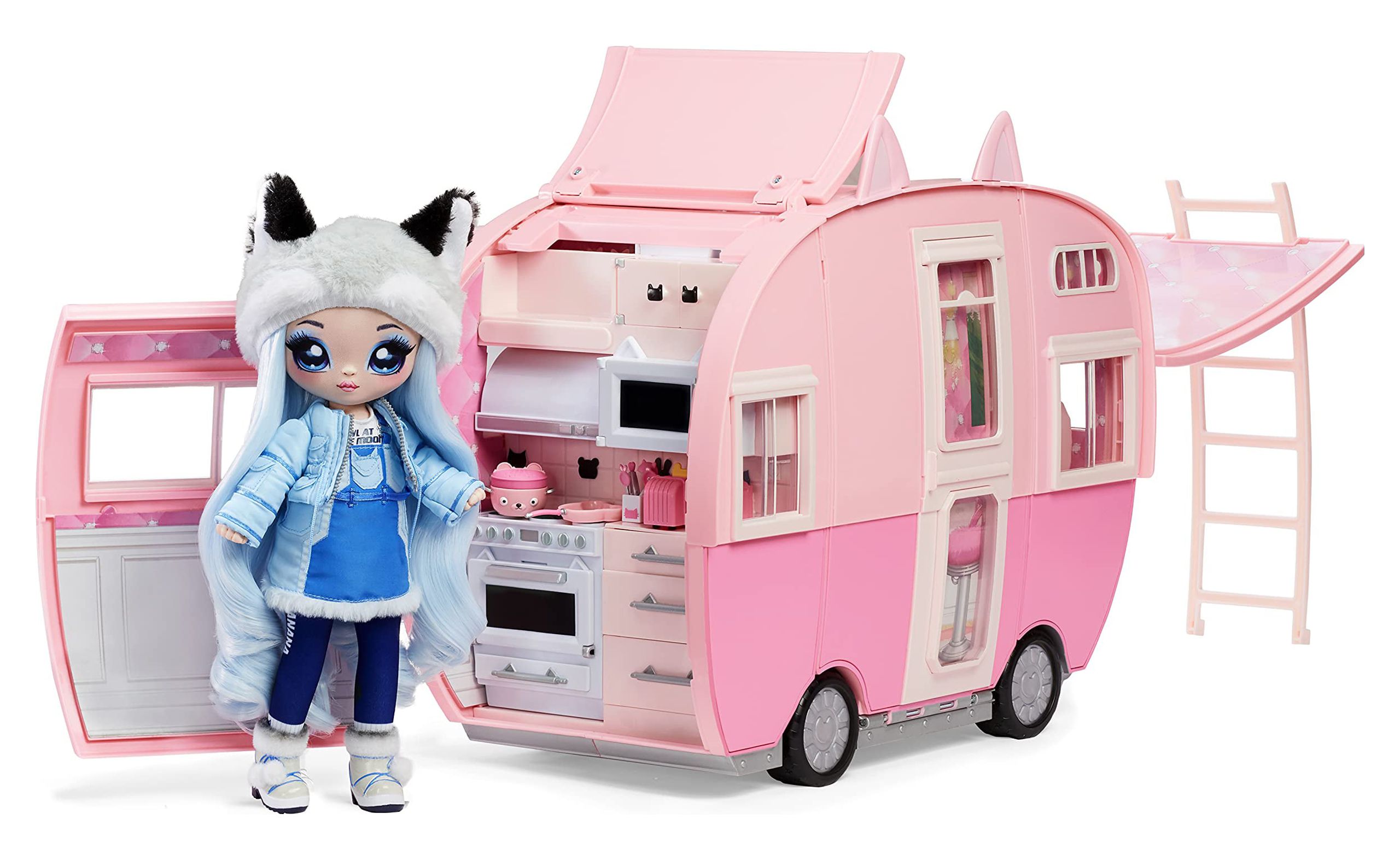 Na Na Na Surprise Kitty-Cat Camper Playset, Pink Toy Car Vehicle for Fashion Dolls with Cat Ears & Tail, Opens to 3 Feet Wide for 360 Play, 7 Play Areas, Accessories, Gift for Kids Ages 5 6 7 8+ Years - image 5 of 11