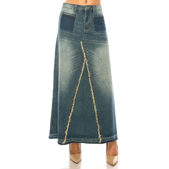 Be-Girl Women's Distressed Denim Maxi Skirt, Vintage Wash, Triangle Cut Design - SG-87268