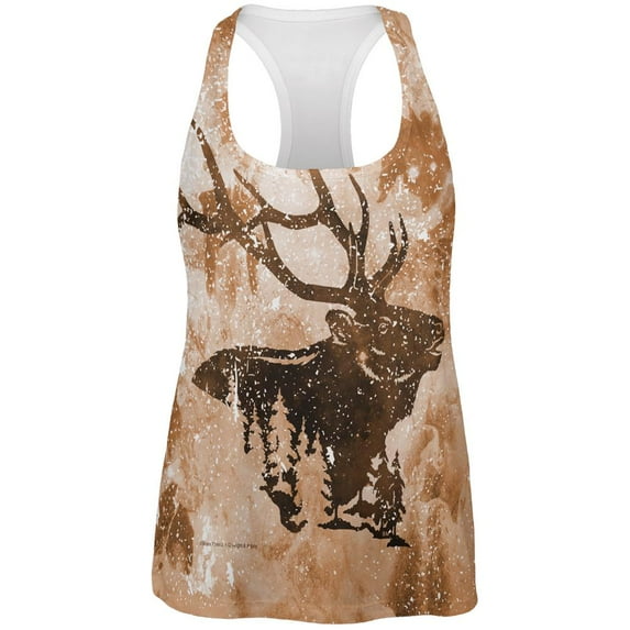 Distressed Brown Elk Silhouette All Over Womens Work Out Tank Top