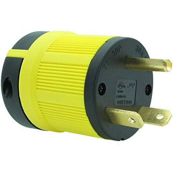 Journeyman-Pro NEMA TT-30P, 30 Amp, 125 Volt, Straight Blade Male RV Trailer Plug Connector, Black/Yellow Industrial Grade, Grounding 3750 Watts Generator TT30 (TT30P-YELLOW)
