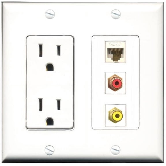 RiteAV - 15 Amp Power Outlet 1 Port RCA Red 1 Port RCA Yellow 1 Port Cat6 Ethernet Ethernet White Decorative Wall Plate