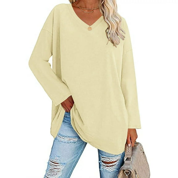 Women’s Oversized V-Neck Long Sleeve Tunic Top Loose Fit Solid Color Casual Blouse Comfy Pullover Fall Outfits Loose Fit T Shirt