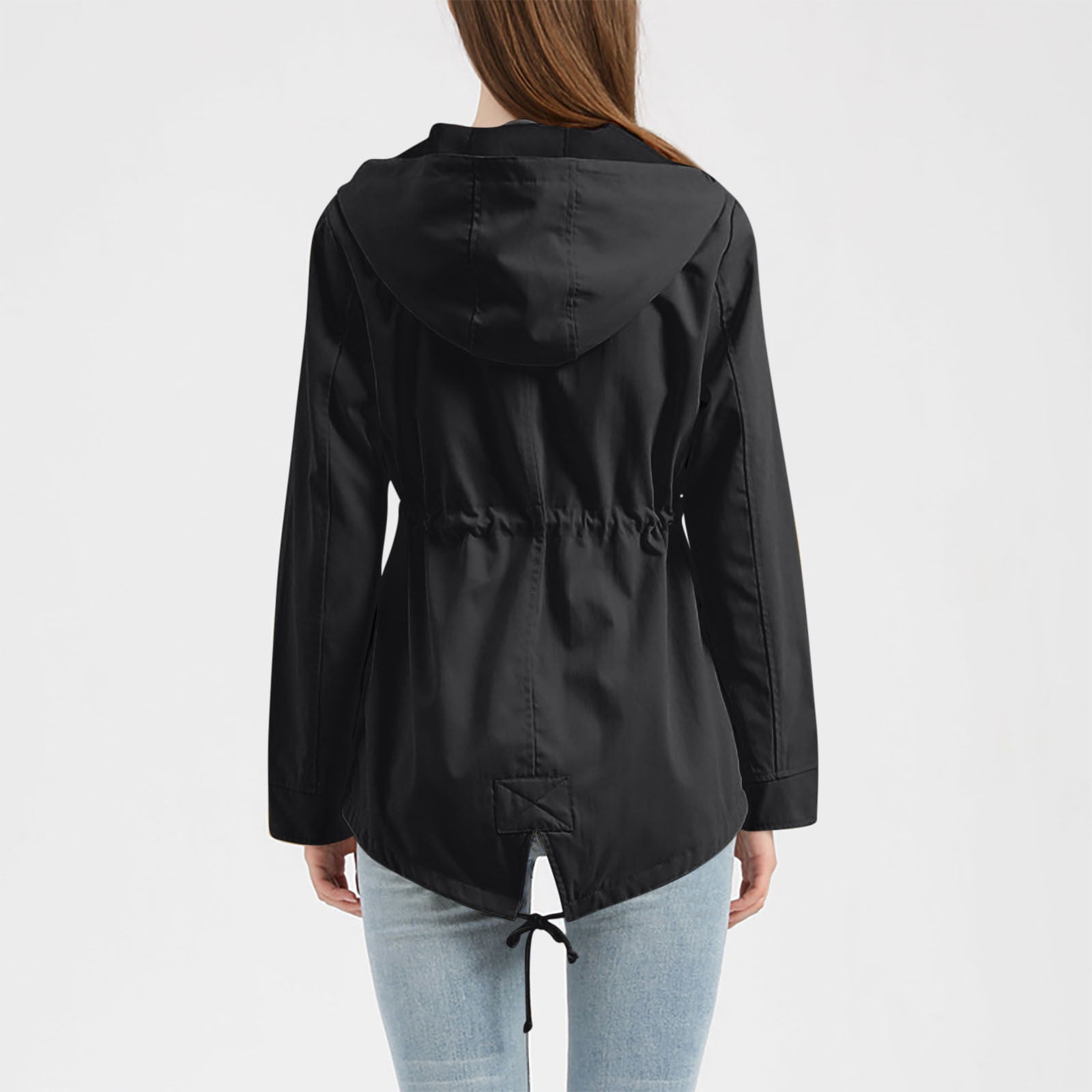 smallest packable rain jacket Raincoat Women Waterproof Long Hooded Jackets Lightweight Drawstring  Waisted Trench Coats Windbreaker Travel Outdoor Jackets with Pockets Black  3XL