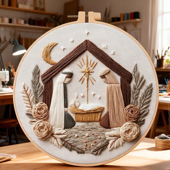 Christmas Religious Embroidery Kit for Beginners, Festive Winter Pre-Printed Pattern & Supplies Set for Adults, DIY Handmade Needlepoint Kits Wall Art, 8'' Hoop (Christian Nativity)
