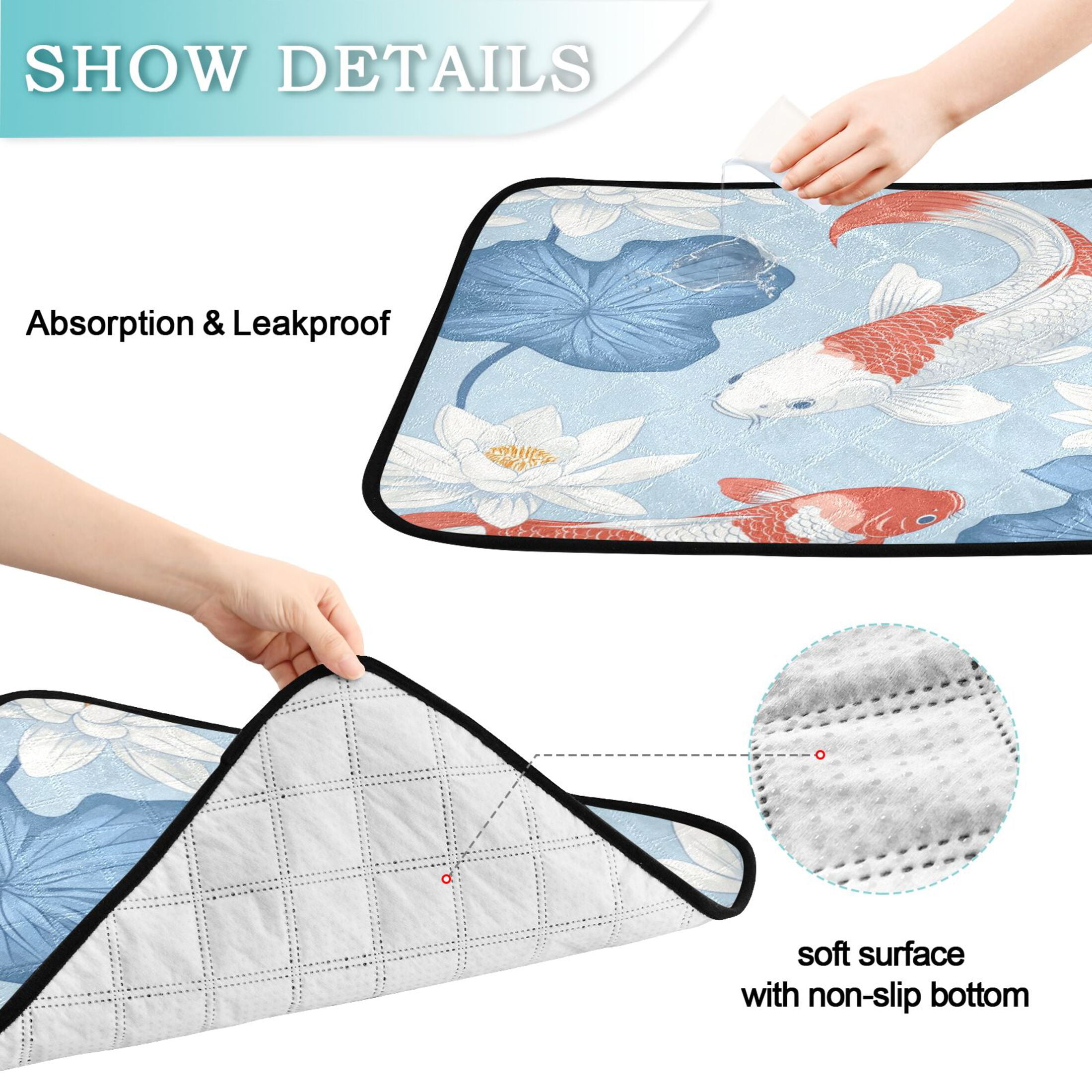 Qxltty Seamless Pattern Of White and Red Koi Fish Cat litter Pads Pet Set of 3 Diaper Mats Center Anti-leakage Layer Absorbent Soft and Comfortable
