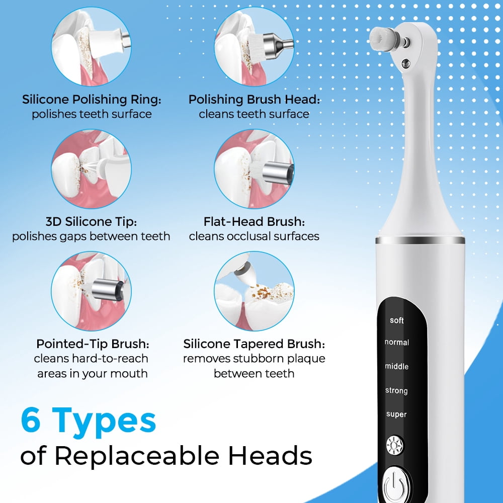 Electric Tooth Polisher, Teeth Whitening Cleaner, Plaque Dental Tartar Remover with 5 Speed Modes with 6 Brush Heads, LED Light, 10min Auto Shut Off, Rechargeable Teeth Cleaning Kit for Teeth Health
