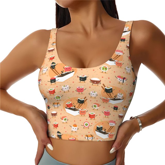 Fotbe Funny Sushi Sujetador Deportivo Largo sin Aros para Mujer con Almohadillas y Soporte Medio, Transpirable y Absorbente, Camiseta Tipo Chaleco o Tank Top-Large