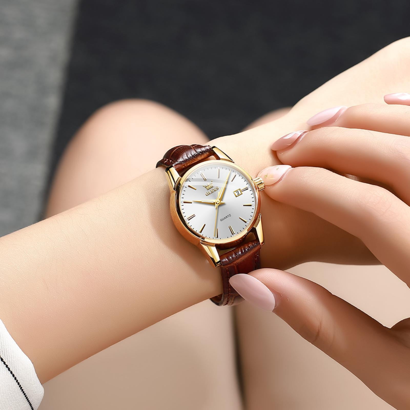 OLEVS Watches for Women Luxury Dress Analog Quartz Easy Read Digital Date Classic Luminous Brown Leather Strap Waterproof Female Wrist Watches Relojes para Mujer