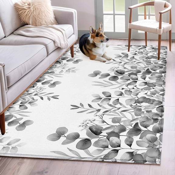 Black Eucalyptus Leaves Area Rugs 4x6 ft Summer Plants Leaf Floral Farmhouse Washable Rug Non Slip Indoor Carpet Absorbent Floor Mat for Living Room Bedroom Dining Room
