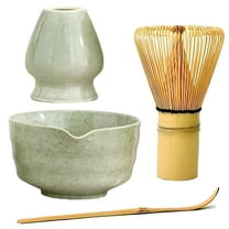 4Pcs Matcha Tea Set, Ceramic Bowl & Bamboo Whisk, 490ml, Traditional Japanese Style for Home Tea Ceremony, Cute Green Gift