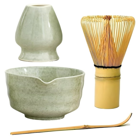 4Pcs Matcha Tea Set, Ceramic Bowl & Bamboo Whisk, 490ml, Traditional Japanese Style for Home Tea Ceremony, Cute Green Gift
