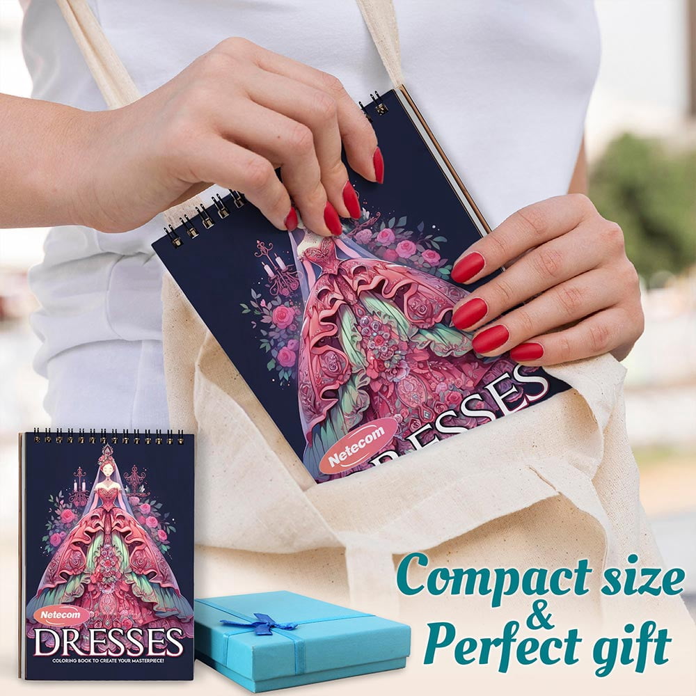 Netecom Dresses Coloring Book Spiral Bound For Adults, A5 Wooden Cover, 30 Elegant Coloring Pages of Vintage Gowns for Stress Relief and Relaxation