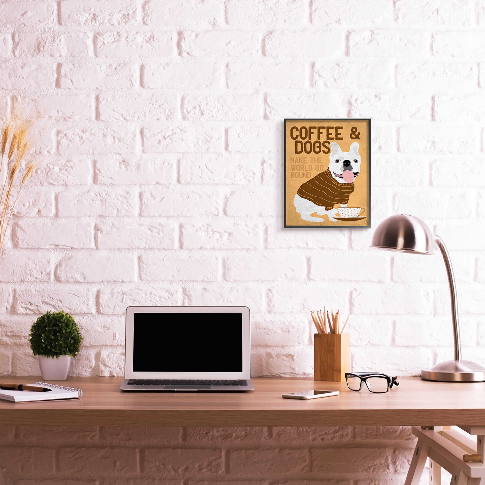 Stupell Industries Coffee and Dogs Phrase French Bulldog Café Pet Black Framed, 11 x 14, Design by Ginger Oliphant