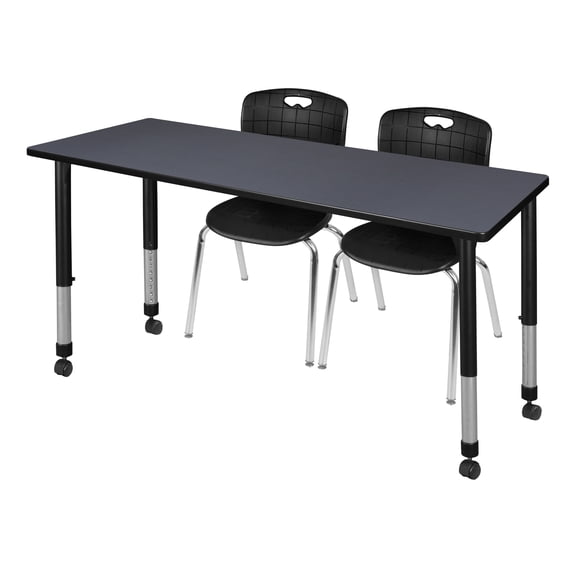 Regency 66x30 Mobile Adjustable Classroom Table- Grey & 2 Andy 18 Stack Chairs- Black