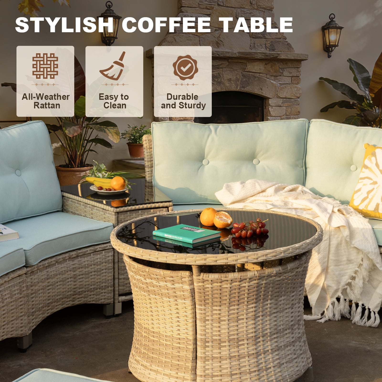 MEISSALIVVE 8-Piece Half-Moon Curved Outdoor Patio Furniture Set, Sectional Conversation Sofa with 2 Half-Moon Ottomans, Round Coffee Tables for Backyard Deck Garden, Blue