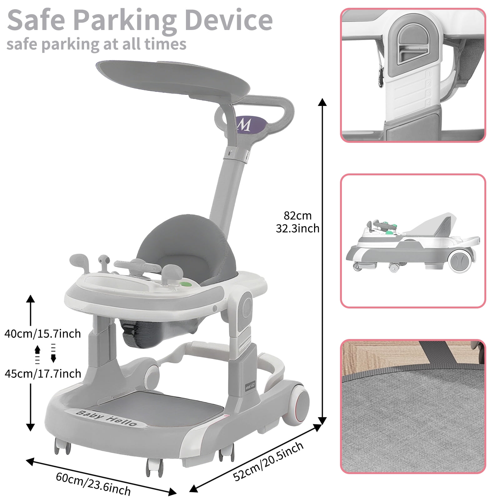 ManyFun 4-in-1 Musical Infant Baby Walker with Wheels functional, Height Adjustable, Foldable Design (Gray)